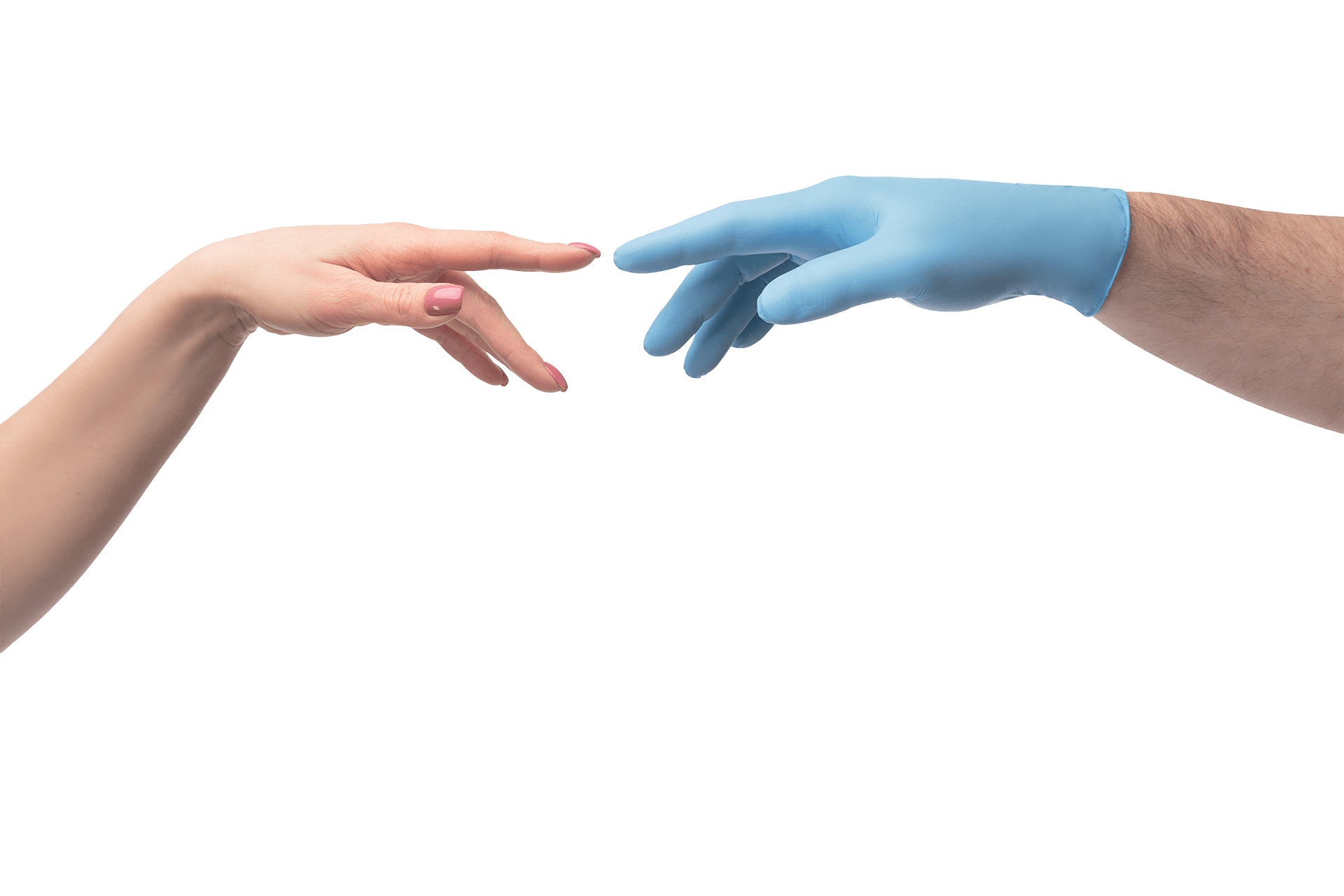 Die Hand einer Frau und eines Mediziners berühren sich an den Fingern